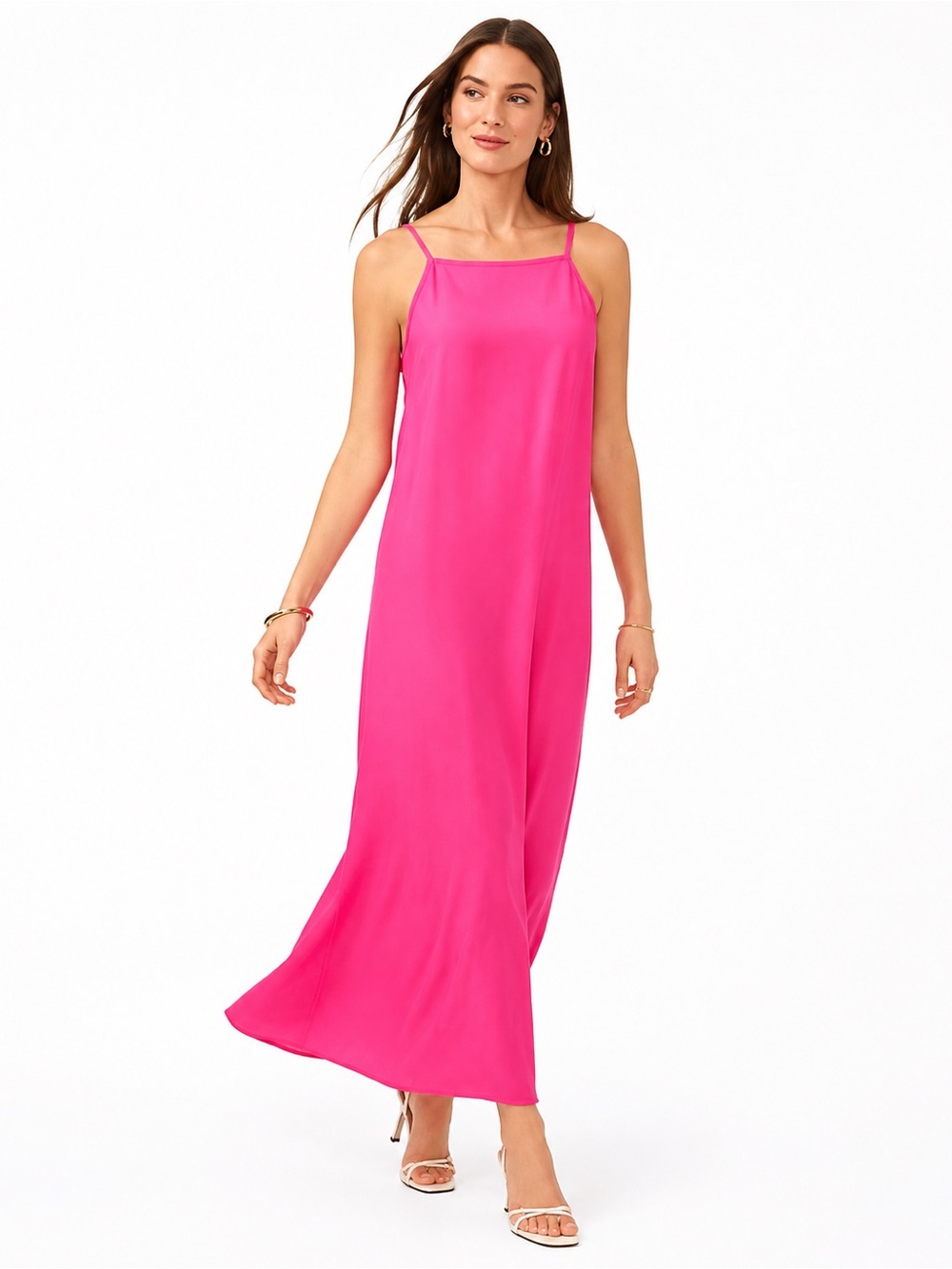 Vince Camuto M Hot Pink Rayon Maxi Slip Dress Square Neck Side Slit 55” Vacation